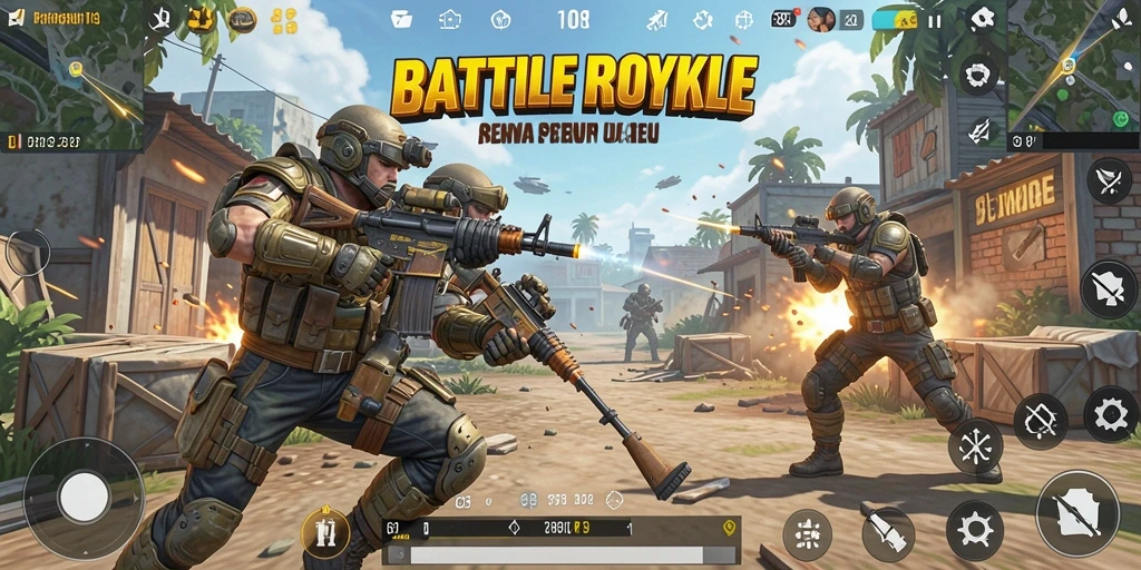 Gambaran penuh aksi permainan Battle Royale dengan grafis yang menakjubkan.