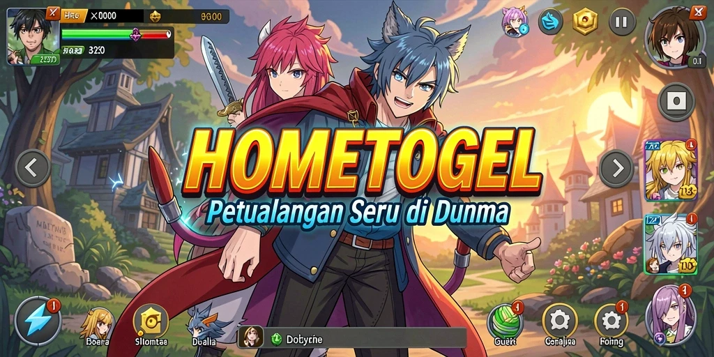 Screenshot gameplay HOMETOGEL dengan karakter anime dinamis.