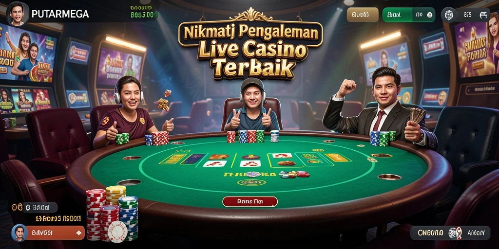 Screenshot gameplay PUTARMEGA menampilkan dealer langsung dan suasana kasino yang menarik.