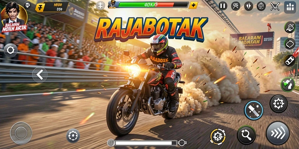 Gameplay seru dan menegangkan di RAJABOTAK dengan berbagai motor racing.