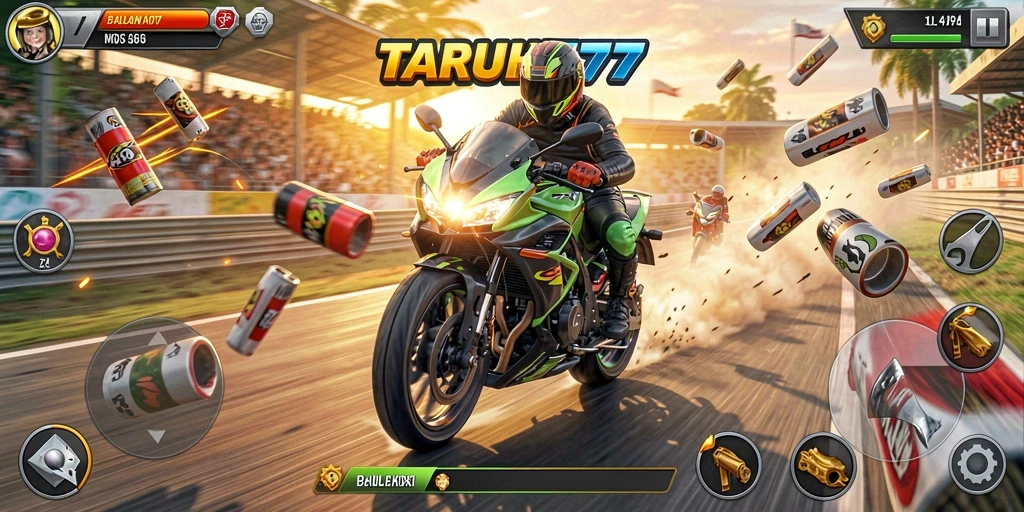 Screenshot TARUH777 menampilkan aksi balapan motor yang mendebarkan.