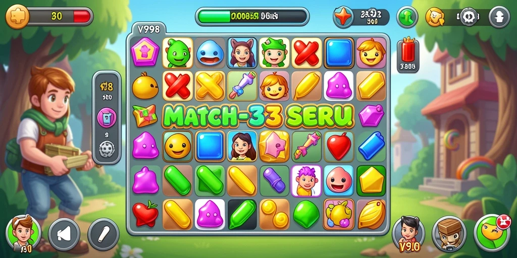 Tampilan screenshot V98 menampilkan gameplay Match-3 yang seru dan dinamis.