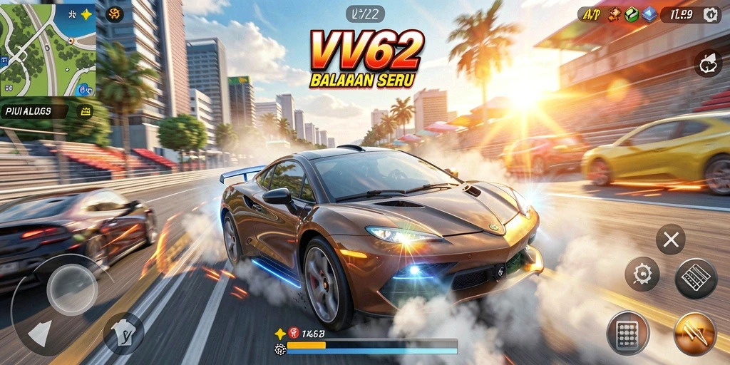 Gameplay VV62 menunjukkan kecepatan balapan yang mendebarkan dan mobil yang beragam.